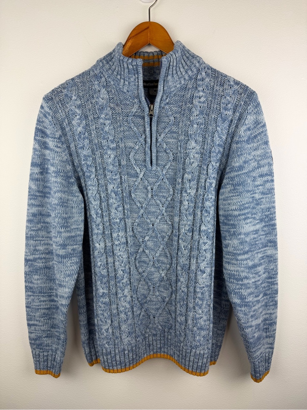 Atlas For Men Light Blue Cable Knit Half-Zip Sweater
